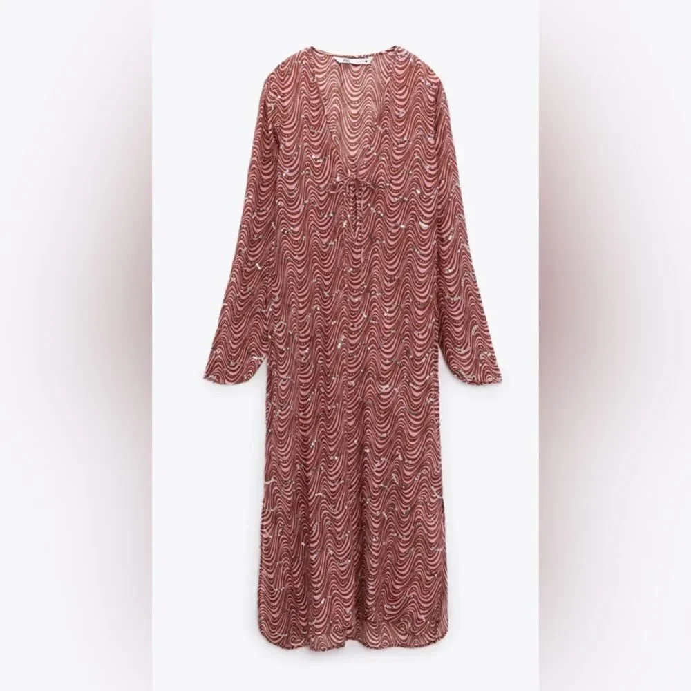 ZARA NWT WOMAN BEADED MIDI DRESS PINK - Picture 6 of 11